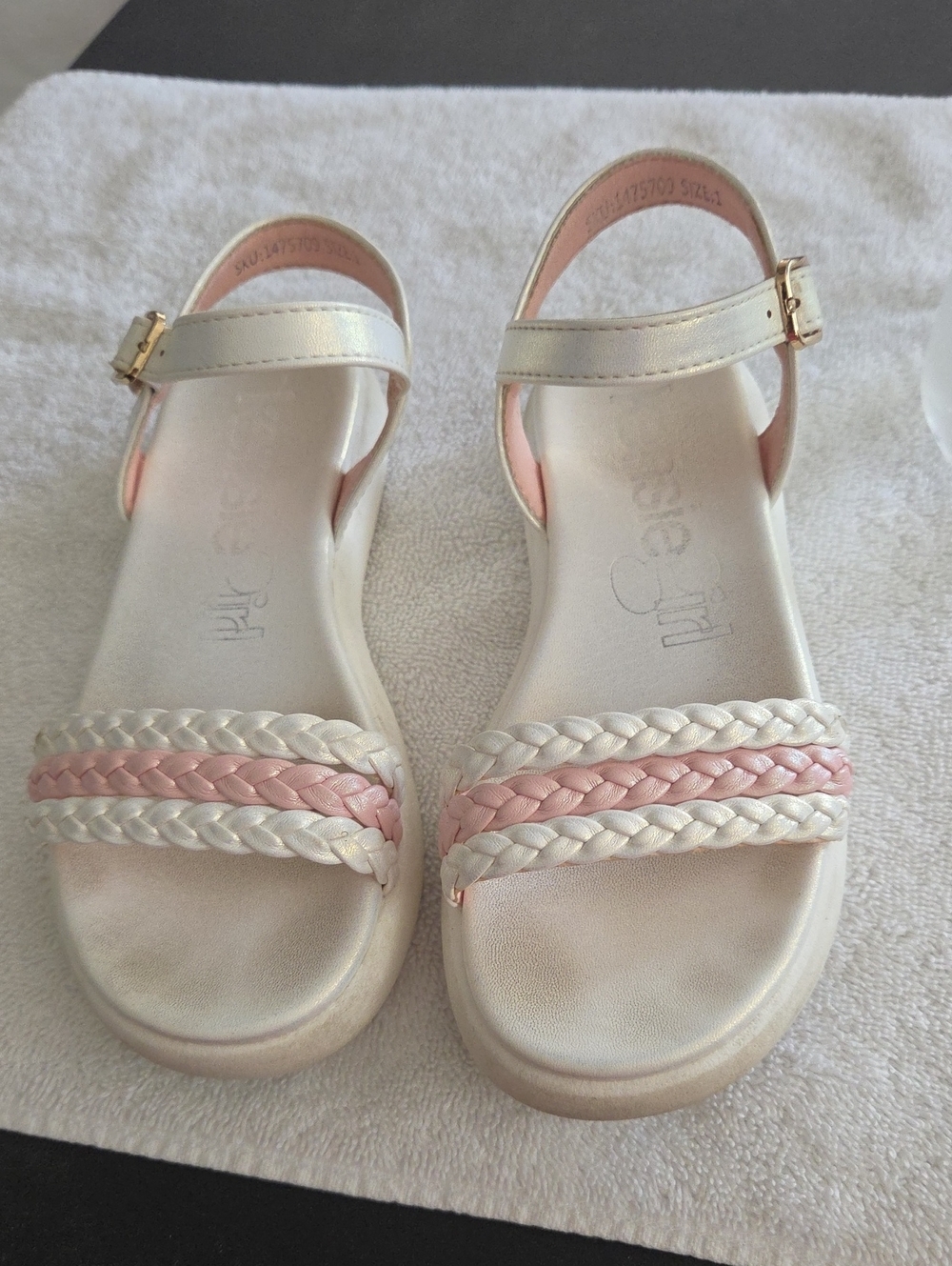 Kenzie Girl Girls Sandals Size 1 White & Pink Braided Ankle Strap Sandals - Picture 2 of 8